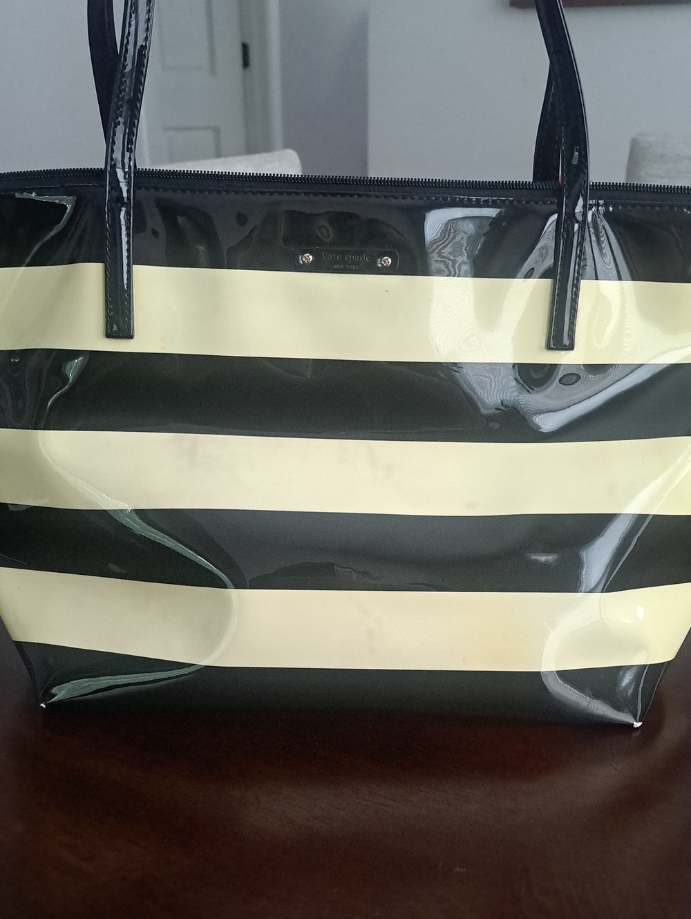 kate spade Black and Cream Striped Patent Tote